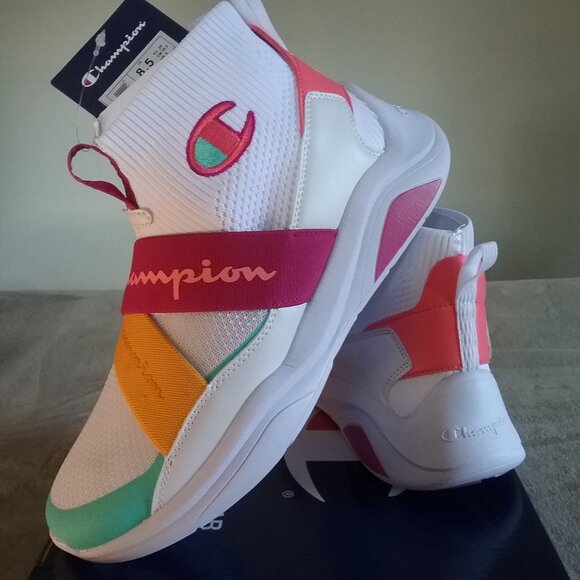 Champion Lady Legend V CB Hi Top Sport Trainer CA100565W White/Berry/Peach/Teal - Picture 1 of 13